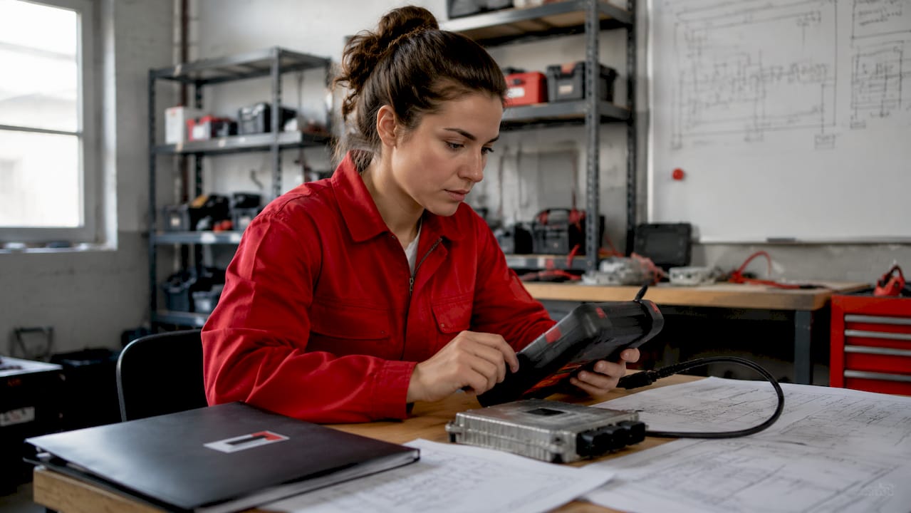 Un stagiaire effectue un diagnostic à l’aide d’un scanner sur un boîtier électronique de gestion moteur.