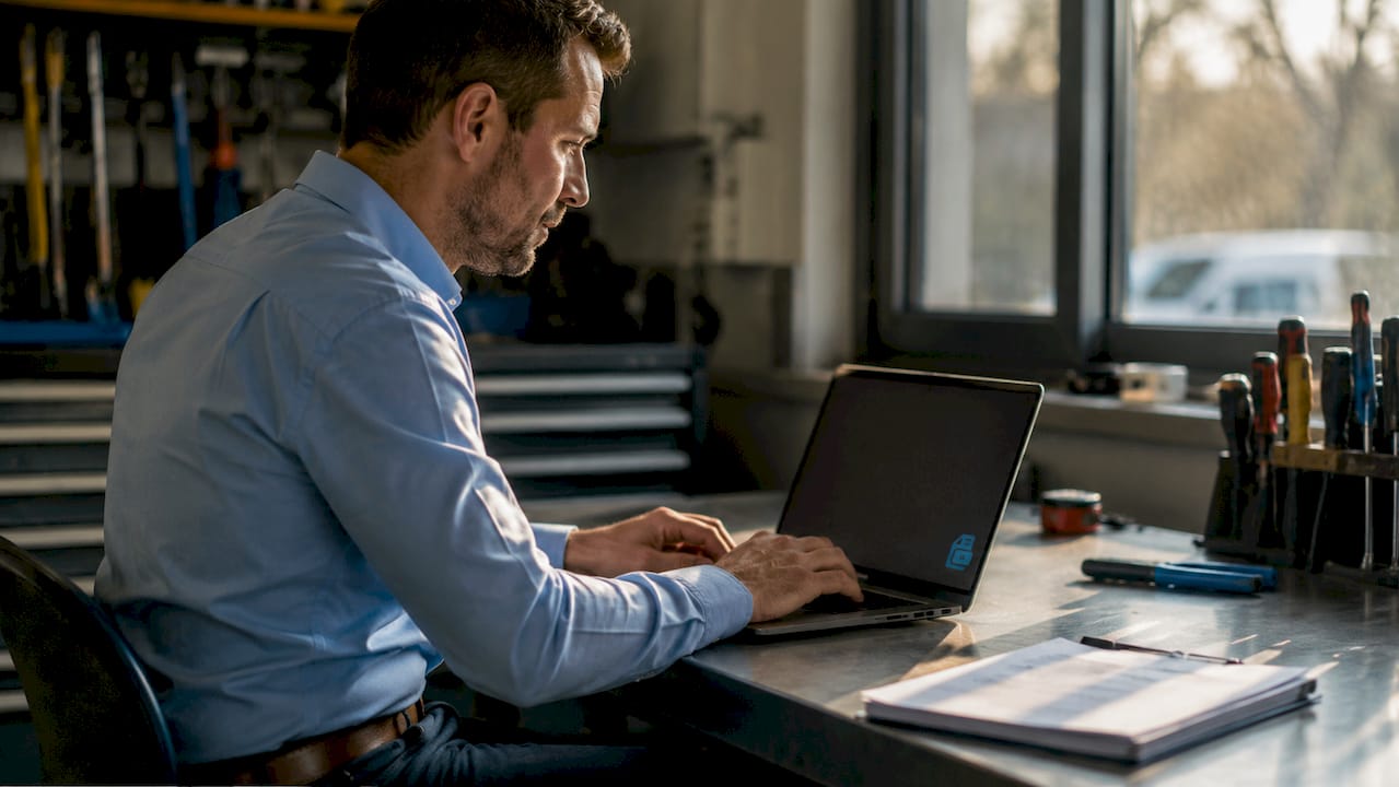 Des mains s’affairent sur le clavier d’un ordinateur portable, installées dans un bureau aménagé au fond du garage.