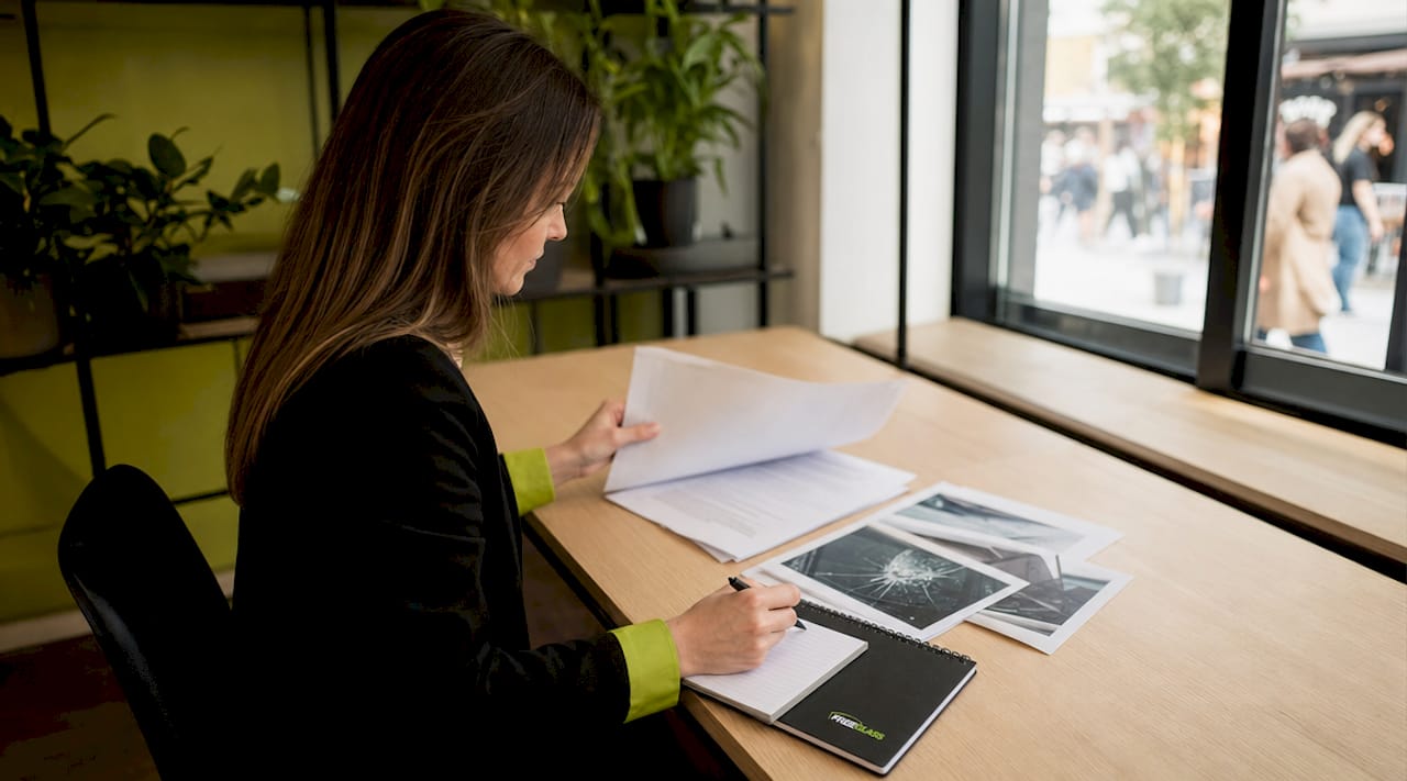 Une femme en train de classer des papiers liés à un sinistre de bris de glace.