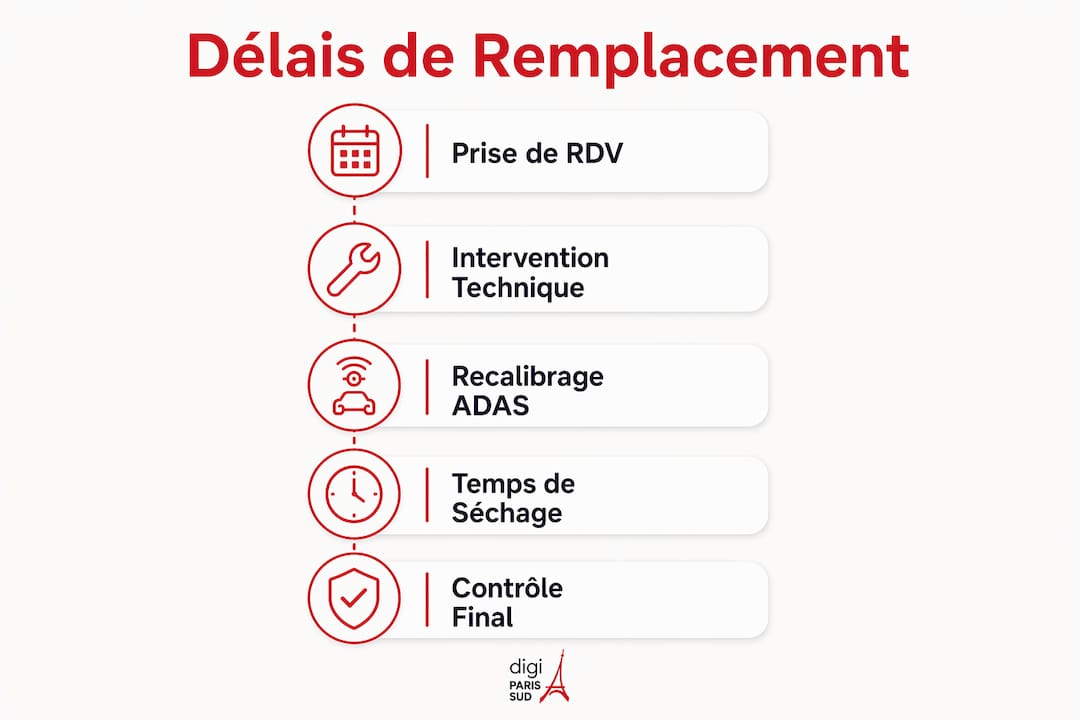 Découvrez notre infographie complète qui vous guide pas à pas dans le processus de remplacement de votre pare-brise, avec un aperçu clair des différentes étapes et des délais à prévoir.