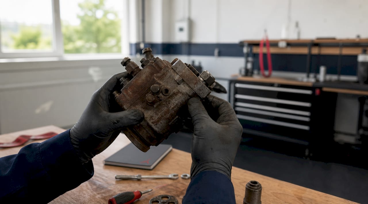 Des mains manipulent un appareil de diagnostic à proximité d’un moteur diesel.