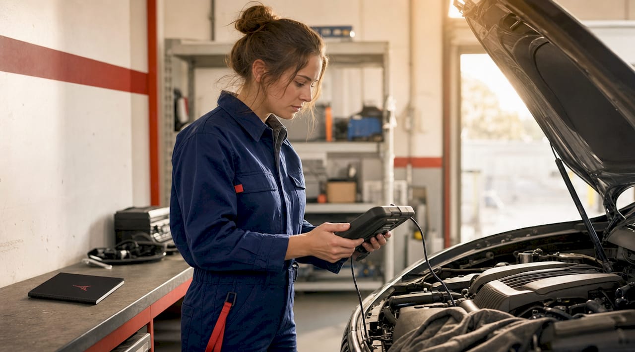 Des mains s’activent sous le capot, utilisant un appareil de diagnostic pour vérifier le moteur.