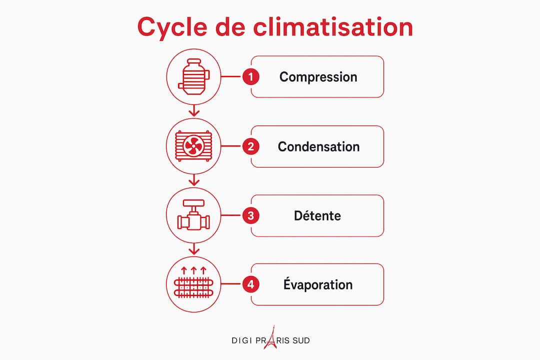 Schéma illustrant les différentes phases du fonctionnement d’un système de climatisation