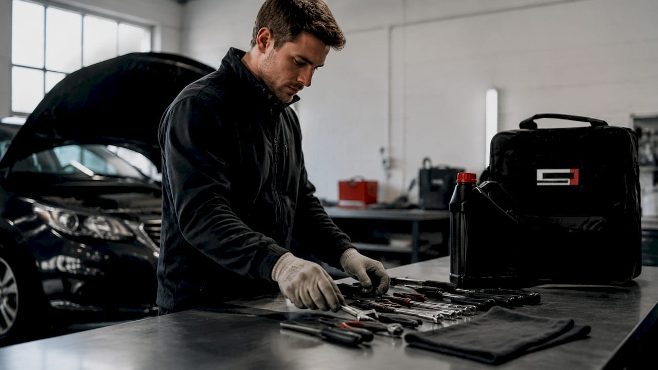 Des mains occupées à manipuler des outils pour l’entretien de la voiture