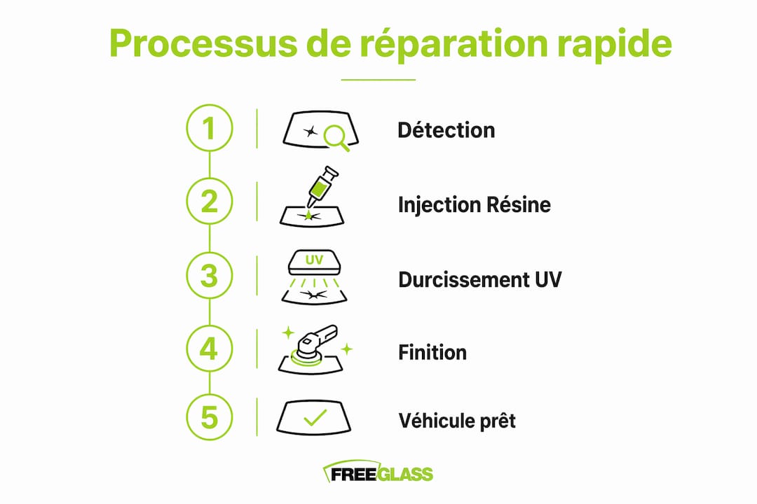 Découvrez en un clin d'œil les différentes étapes pour réparer rapidement un impact sur votre pare-brise grâce à notre infographie.