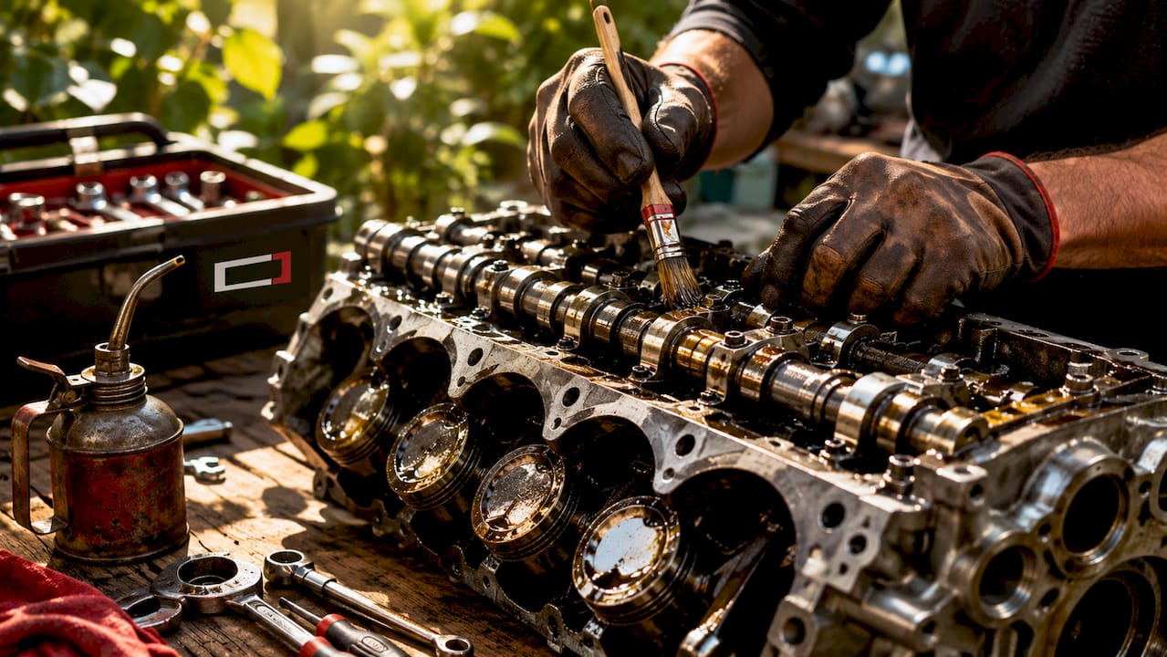 Des mains appliquant de l’huile sur l’arbre à cames et les pistons pour assurer leur bon fonctionnement.