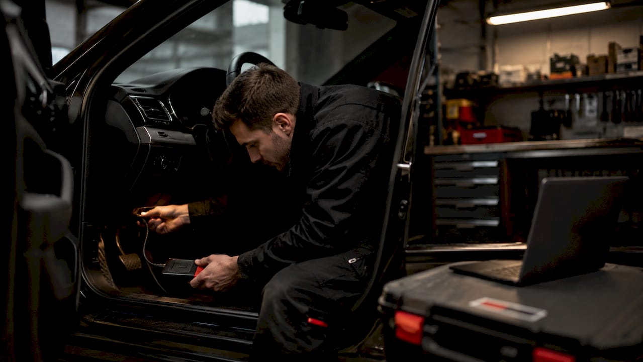 Des mains branchent un boîtier de diagnostic OBD sur la prise de la voiture.