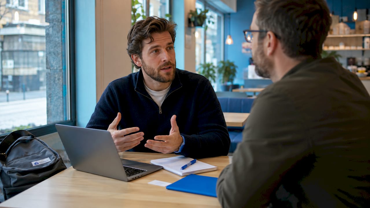 Un client échange avec son conseiller en agence pour déposer une demande d’indemnisation auprès de son assurance.