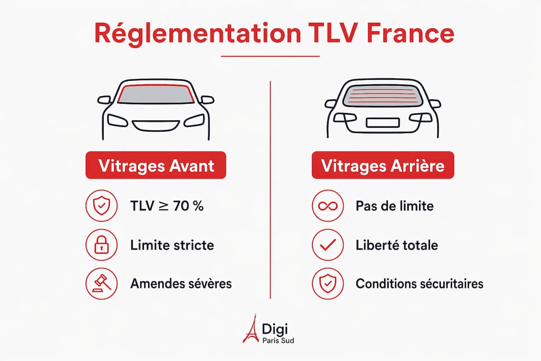 Visuel comparatif des règles en vigueur pour les vitres teintées à l’avant et à l’arrière des véhicules