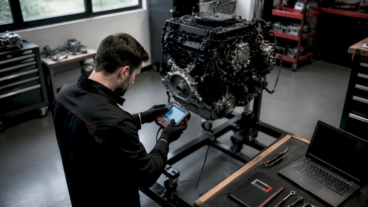 Un mécanicien manipule un appareil de diagnostic électronique pour vérifier le moteur dans l’atelier.