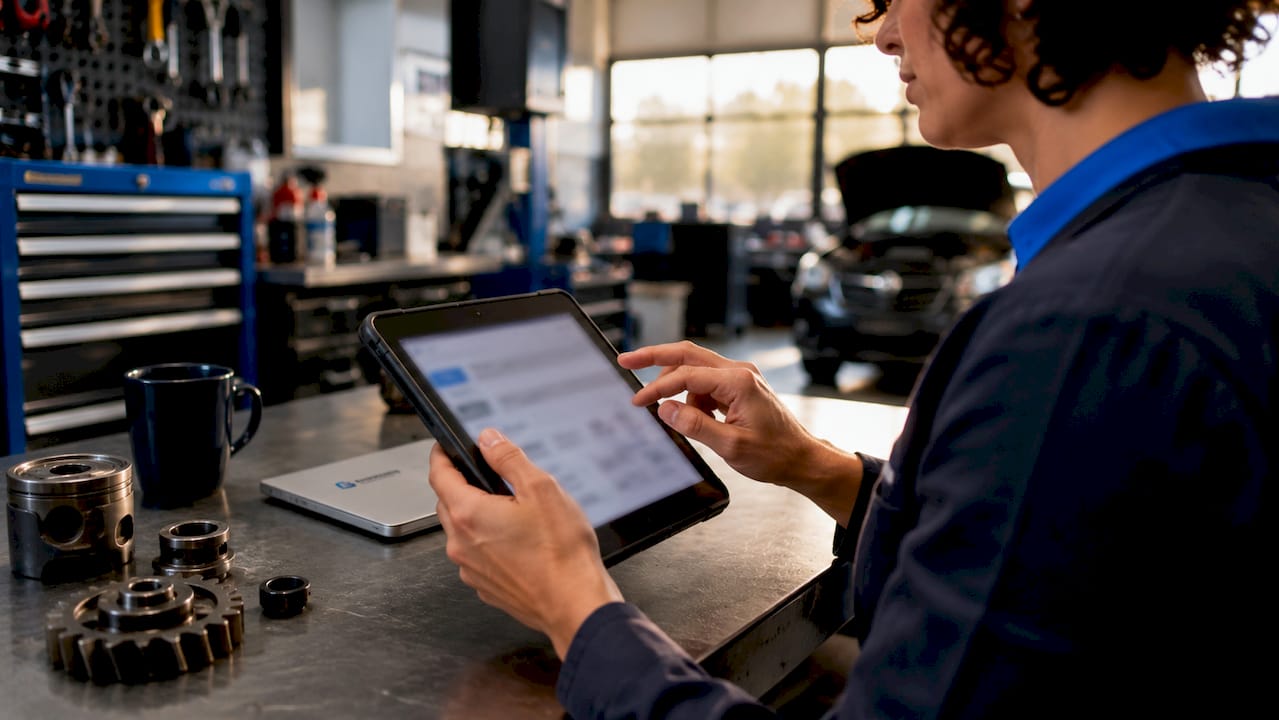 Un technicien consulte et gère les opérations de l’atelier à partir d’une tablette numérique.