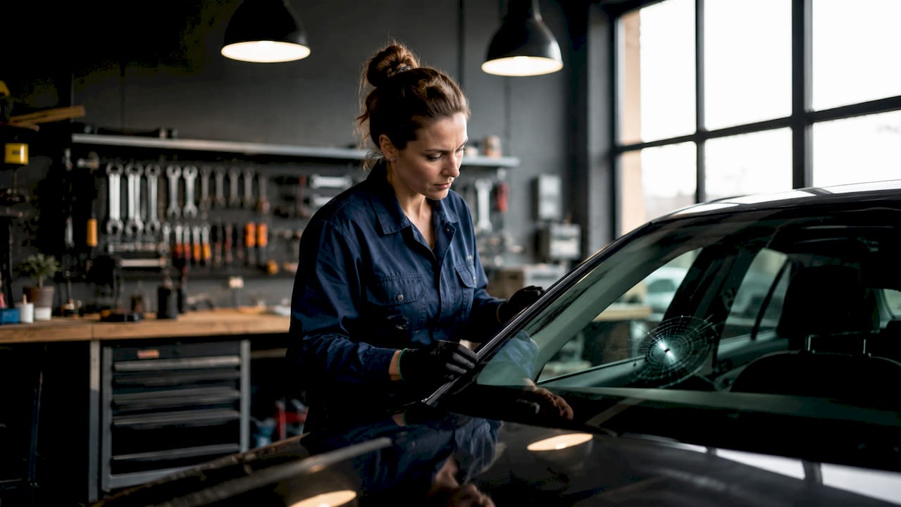 Une technicienne examine attentivement un pare-brise endommagé dans l’atelier.