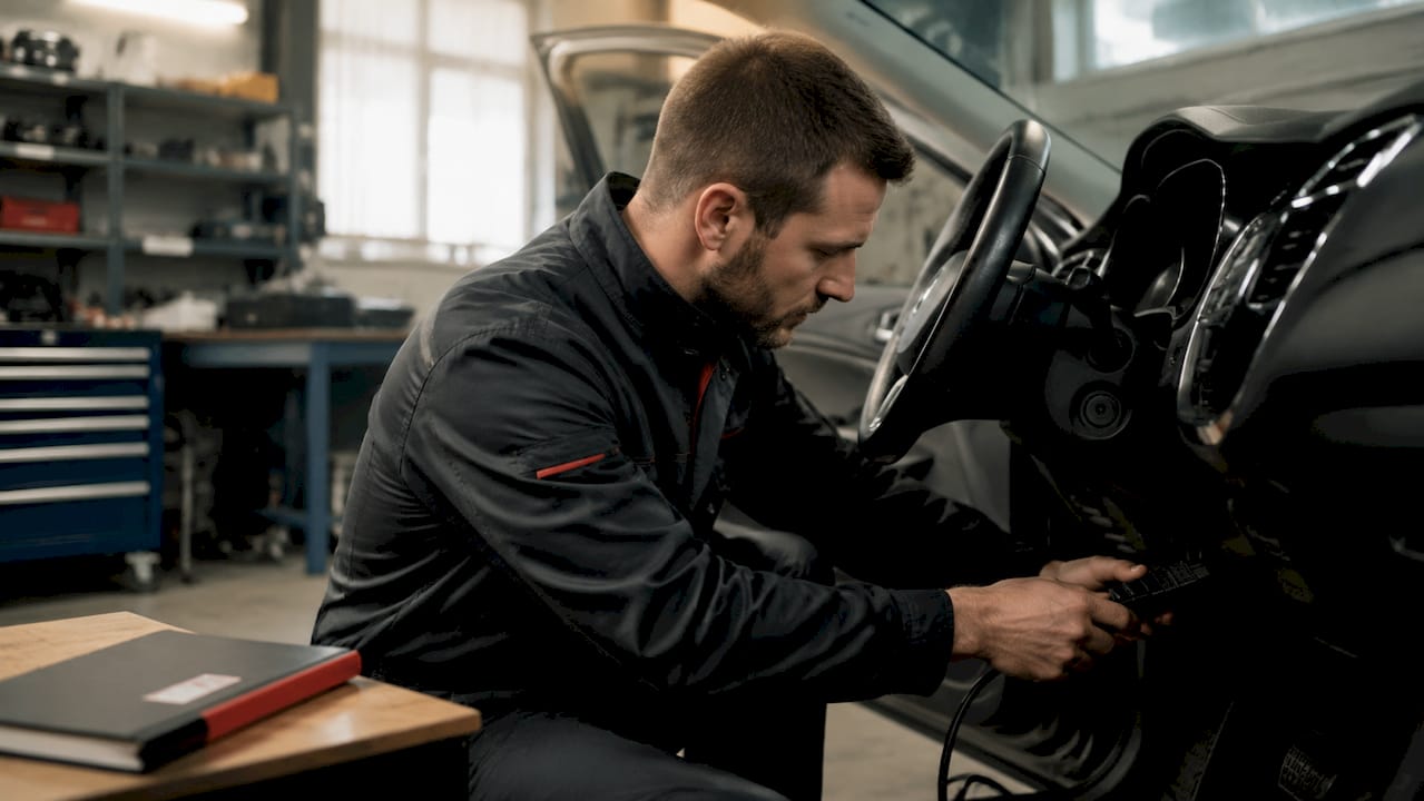 Un technicien en train de brancher une valise de diagnostic OBD sur une voiture.