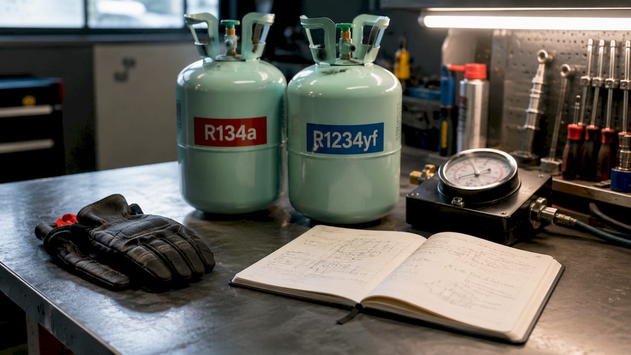 Les bouteilles de R134a et R1234yf posées sur l’établi du garage.