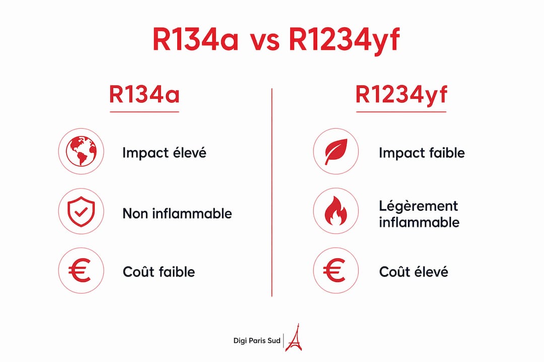 Comparatif en infographie : R134a ou R1234yf, quel gaz choisir pour la climatisation ?