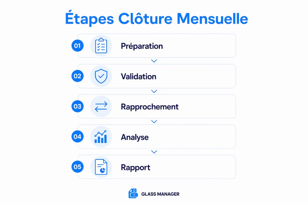 Visuel récapitulatif des différentes étapes de la clôture comptable mensuelle
