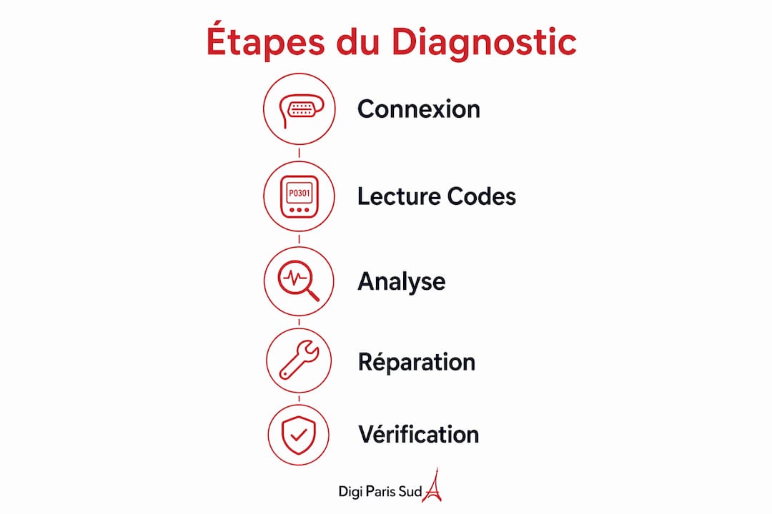 Infographie présentant les différentes étapes du diagnostic électronique