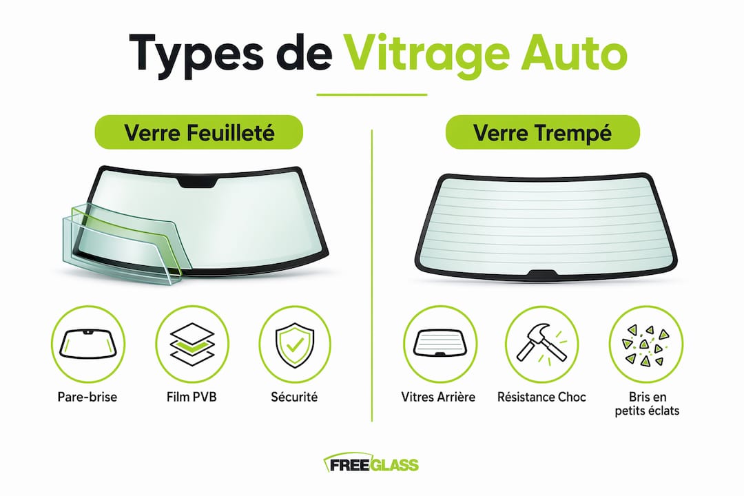 Infographie : les différences entre le vitrage feuilleté et le verre trempé pour les voitures