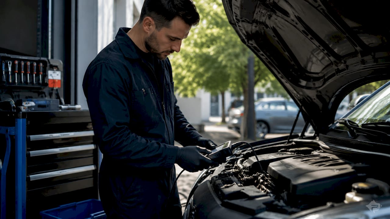 Des mains d’expert équipées d’un appareil de diagnostic OBD