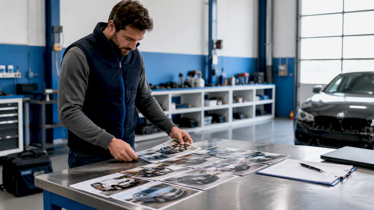 Des mains en train de sélectionner des photos pour constituer un dossier de demande de devis