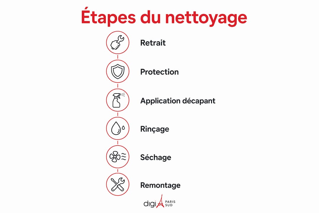 Schéma des différentes étapes pour nettoyer efficacement un collecteur d'admission