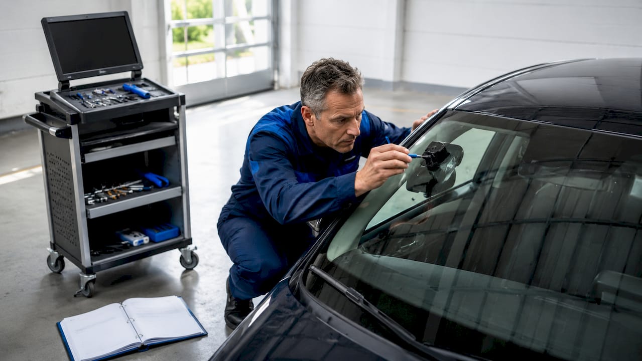 Un technicien ajuste les capteurs ADAS sur le pare-brise du véhicule.
