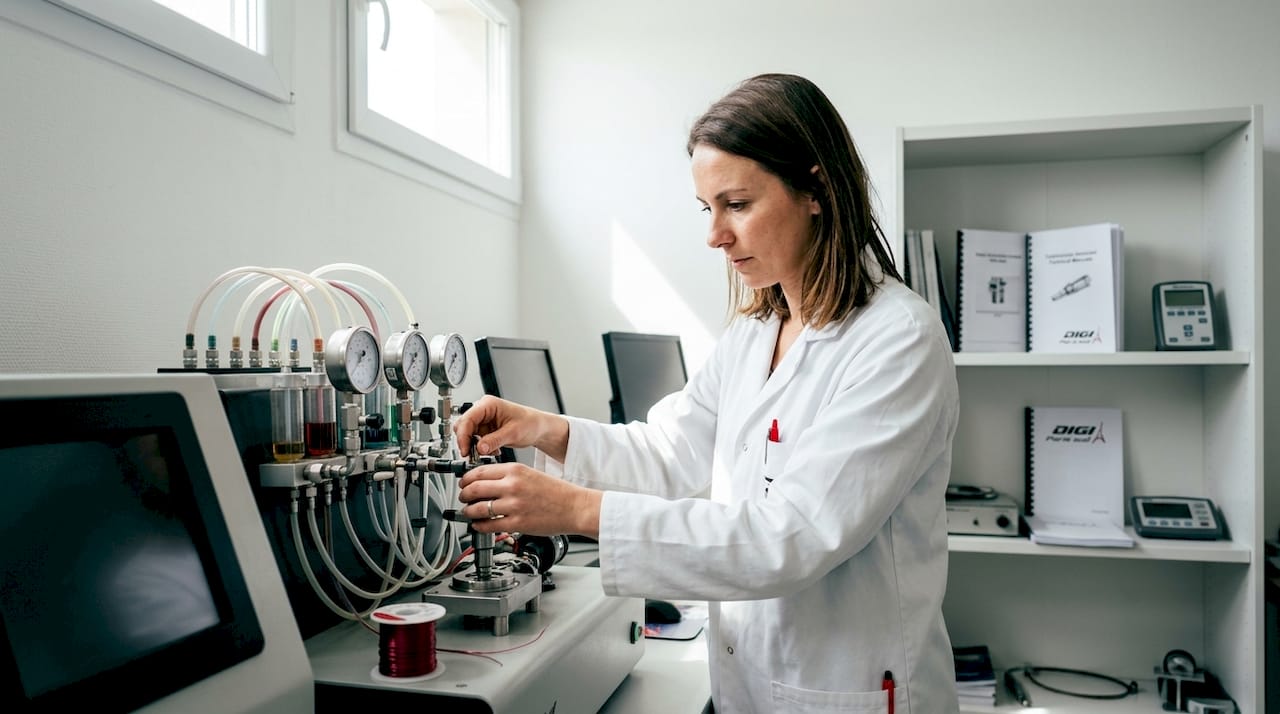 Une technicienne effectue des tests sur des injecteurs à l’aide d’un banc d’essai.