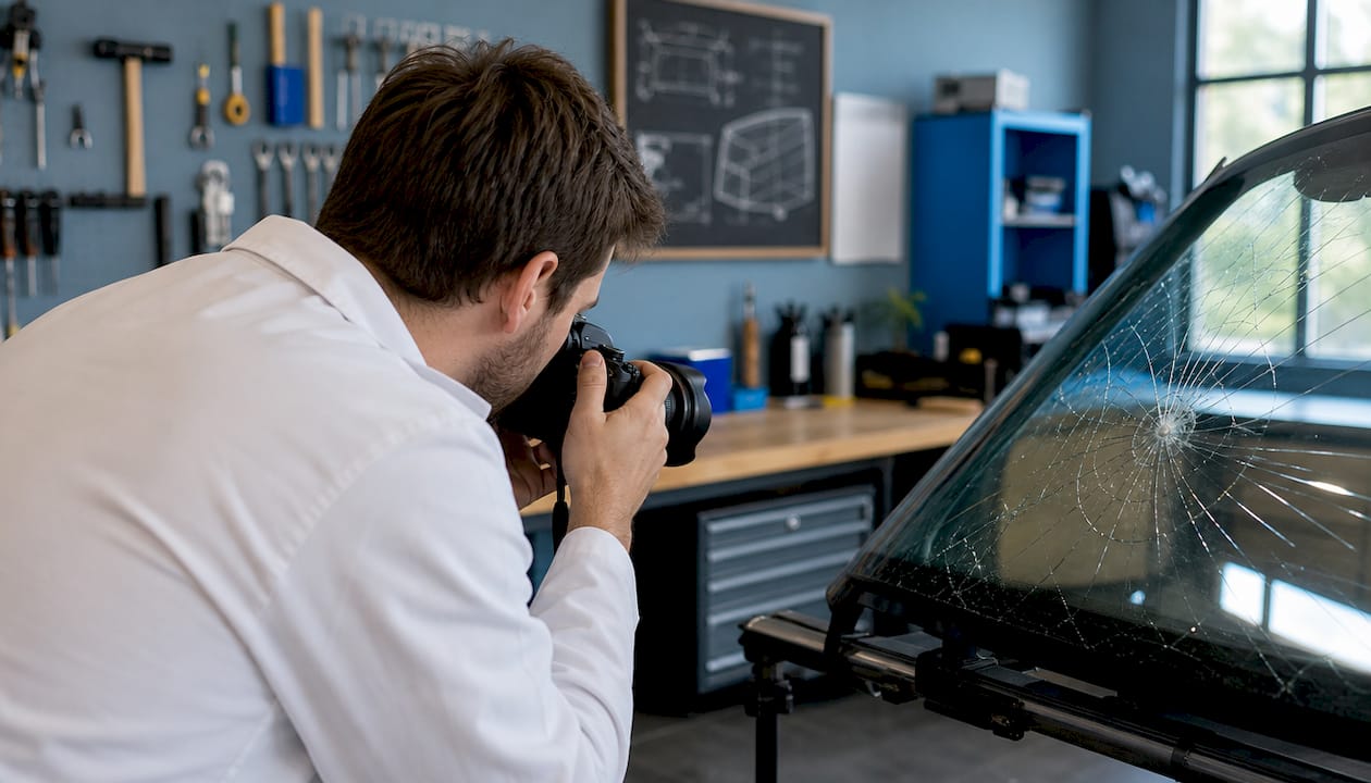 Un technicien immortalise les dégâts causés par une vitre brisée à l’aide de son appareil photo.