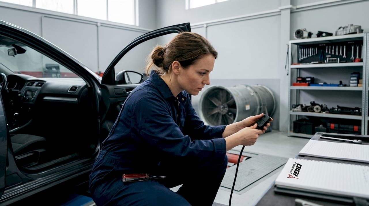 Un technicien branche son ordinateur portable afin d’effectuer un diagnostic et une reprogrammation du boîtier électronique du véhicule.