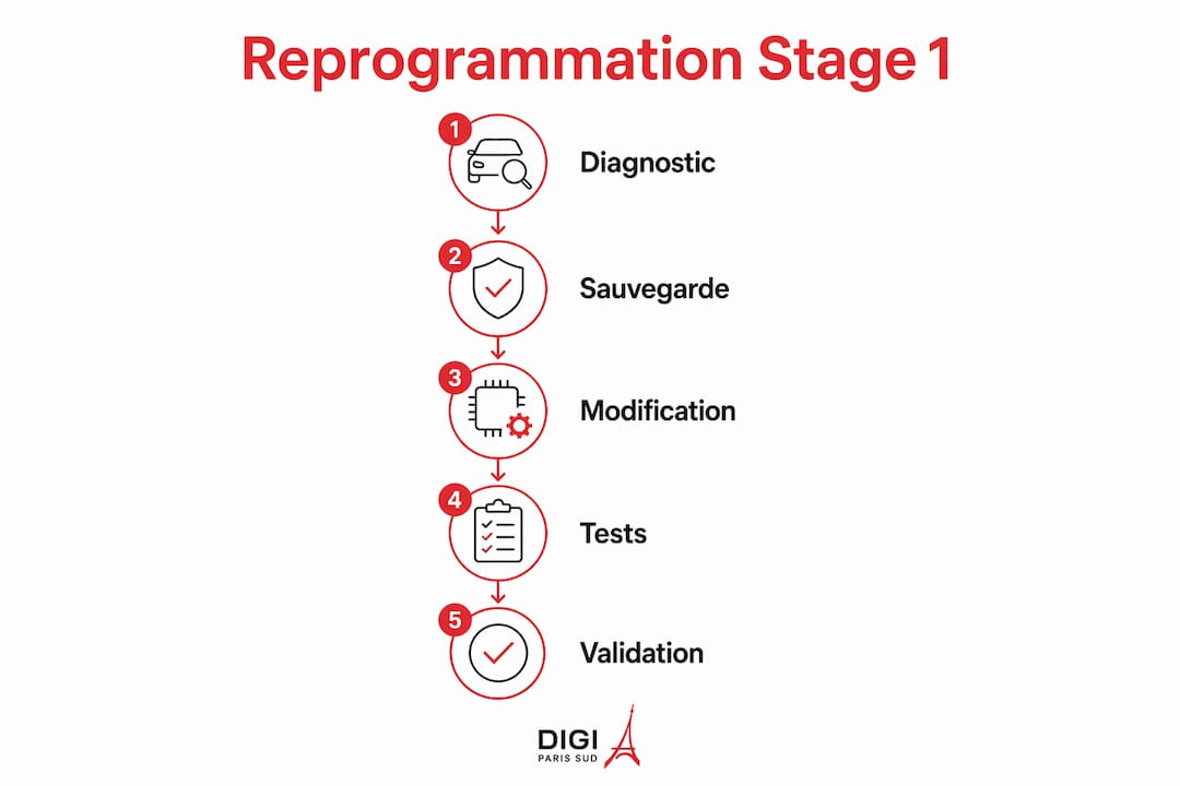Découvrez, en un coup d’œil, les différentes étapes essentielles d’une reprogrammation moteur stage 1 grâce à cette infographie.