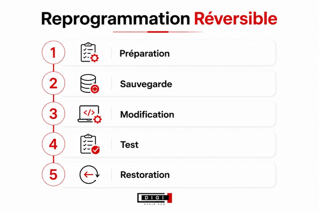 Schéma illustrant les différentes étapes du processus de reprogrammation moteur