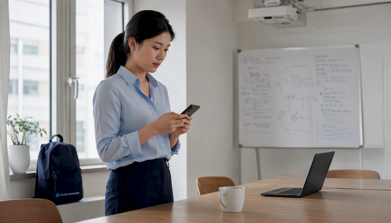 Une femme consulte l’application pour déclarer un sinistre sur son smartphone.