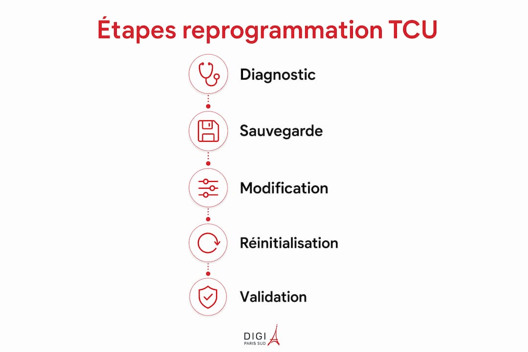 Schéma détaillé des différentes étapes pour reprogrammer le boîtier TCU
