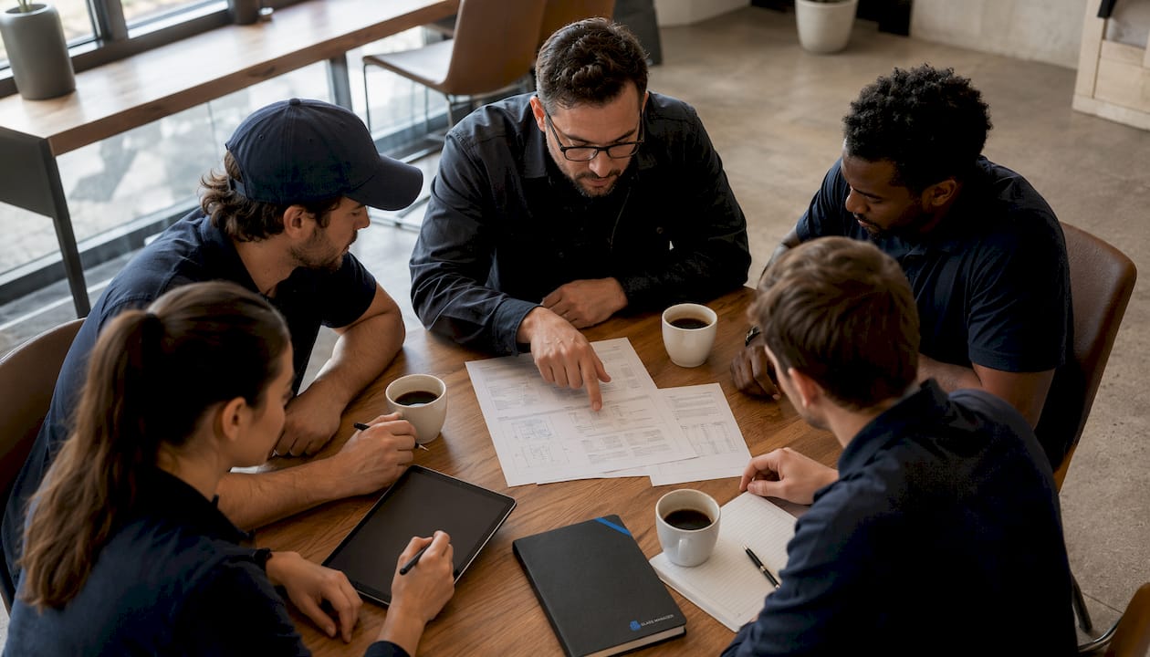 L’équipe de maintenance se réunit autour de la table pour passer en revue les procédures.