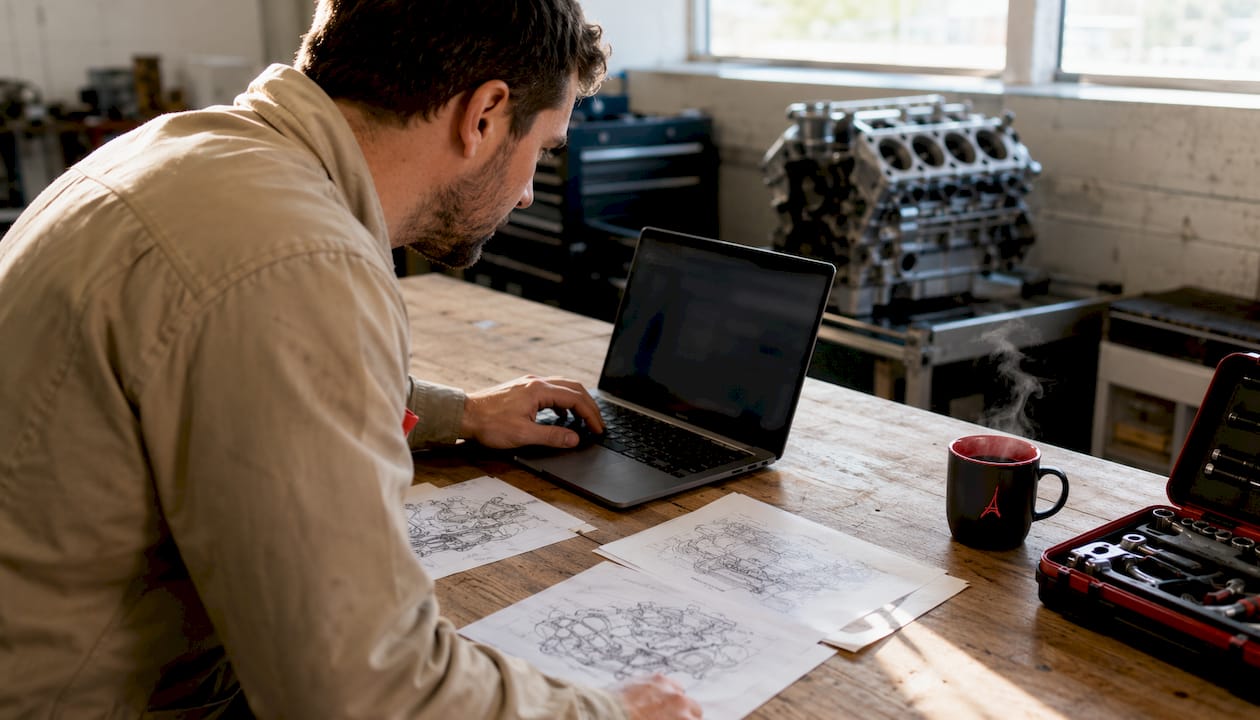 Des mains s’activent sur un ordinateur portable pour optimiser les réglages du moteur.