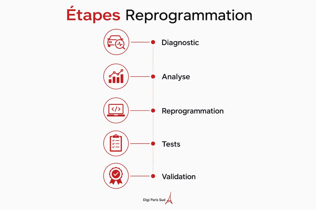 Infographie détaillant les différentes étapes du reprogrammation moteur