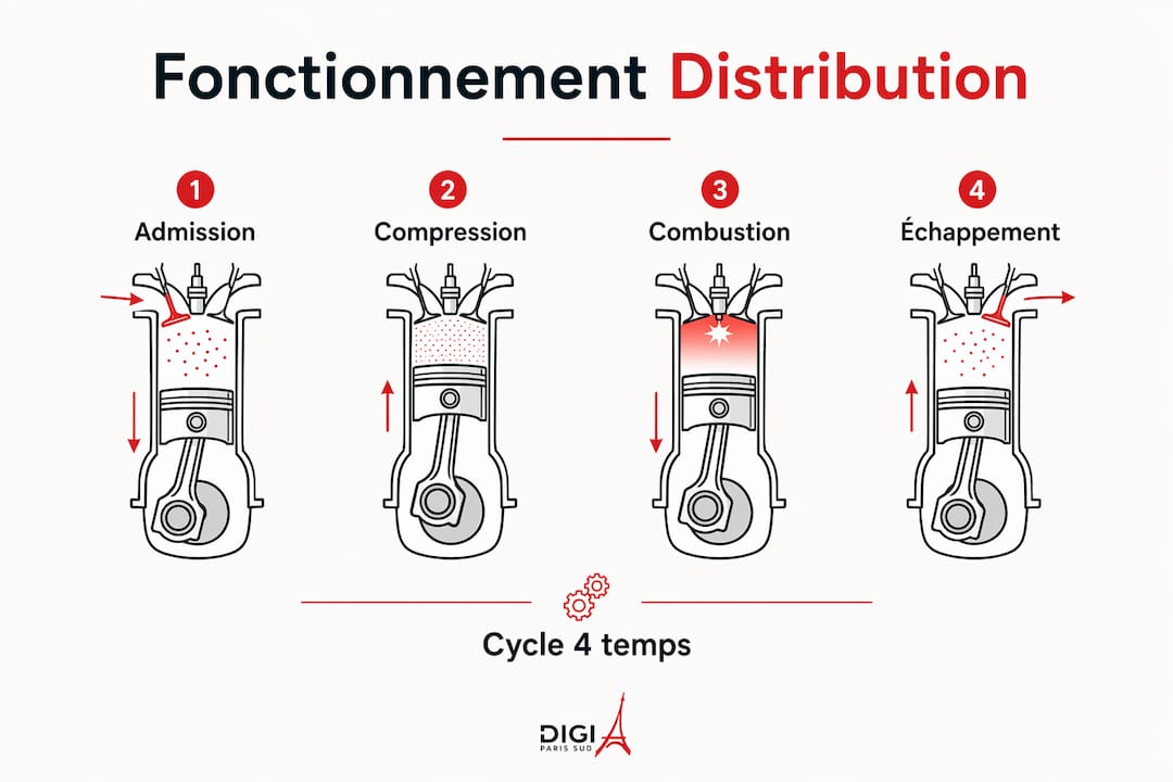 Schéma explicatif des différentes phases du fonctionnement du système de distribution moteur