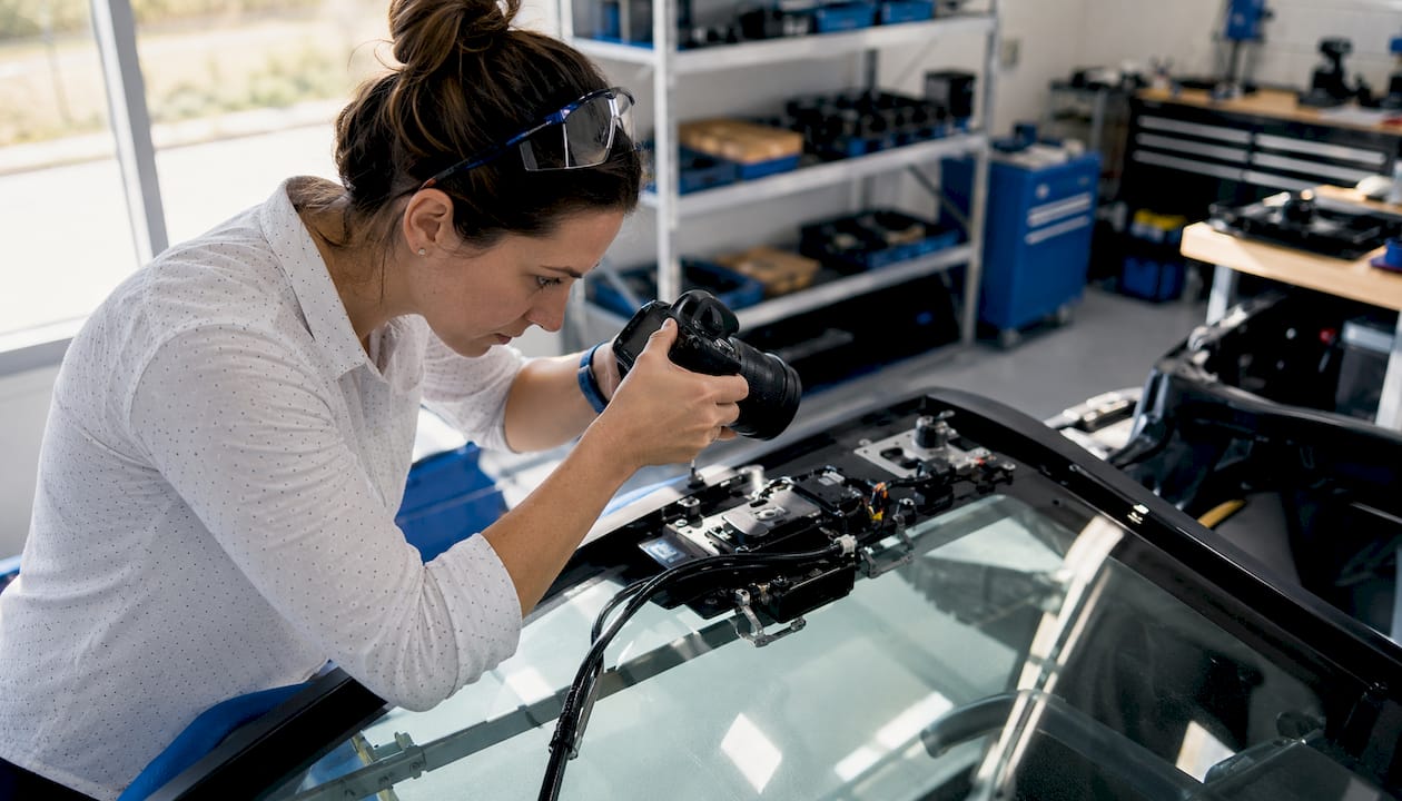 Un technicien prend en photo un support de caméra à l'intérieur d'un local.