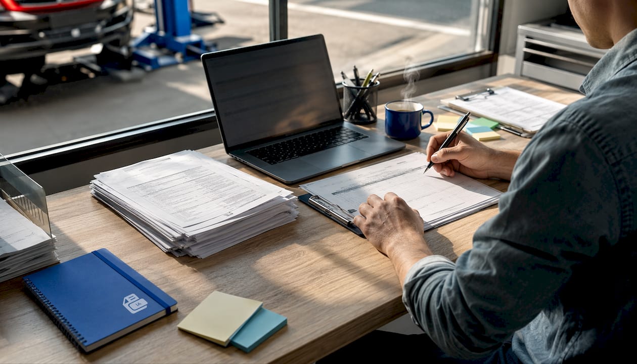 On voit des mains remplir un formulaire d’assurance, posées sur un bureau de garage encombré d’outils et de papiers.