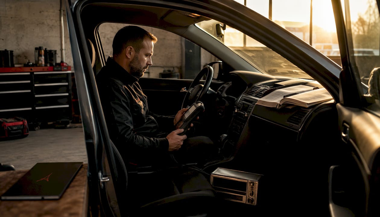 Des mains manipulent un appareil de diagnostic électronique à l’intérieur d’une voiture.