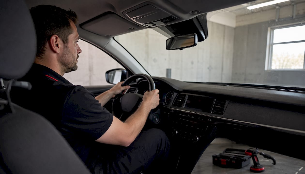 Le conducteur s’apprête à reprendre la route après avoir fait démarrer sa voiture grâce aux câbles de démarrage.