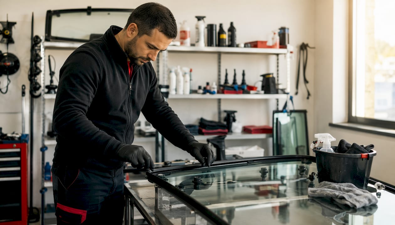 Un technicien s’applique à nettoyer soigneusement le cadre du pare-brise avant l’intervention.