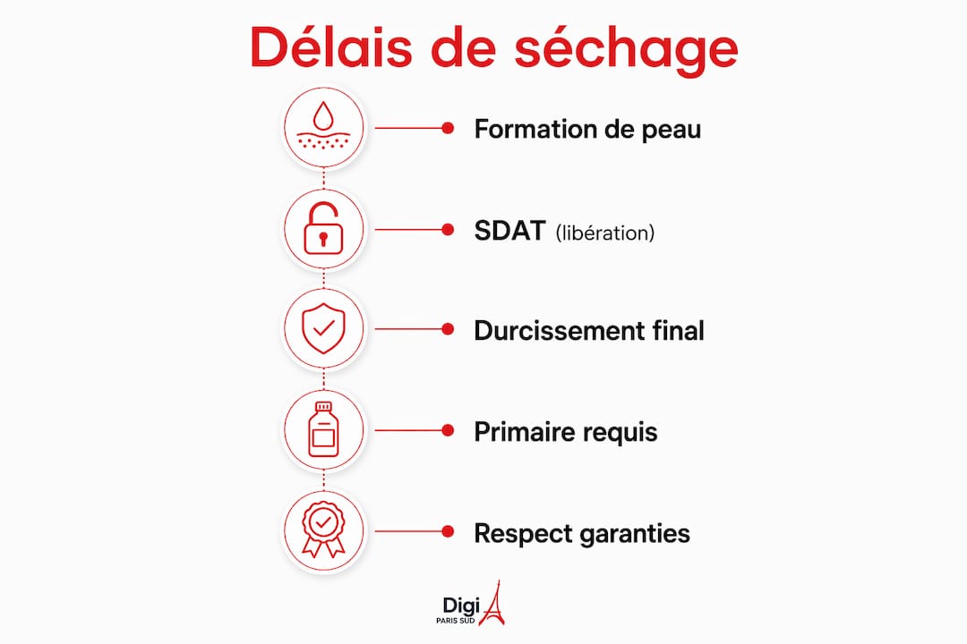 Visuel explicatif des différentes phases et du temps de séchage de la colle