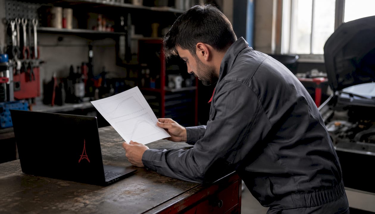 Des mains analysant et comparant des courbes de performance moteur