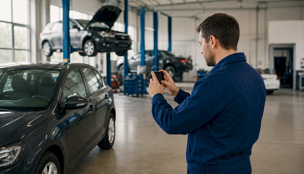 Un technicien prend en photo l’état du véhicule avant sa mise à disposition.