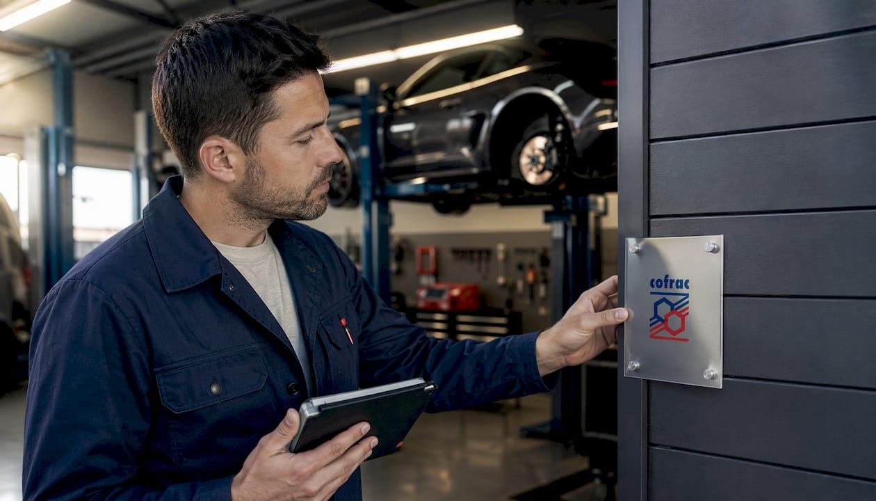 Un technicien présente fièrement une plaque attestant de la qualité de son expertise automobile.