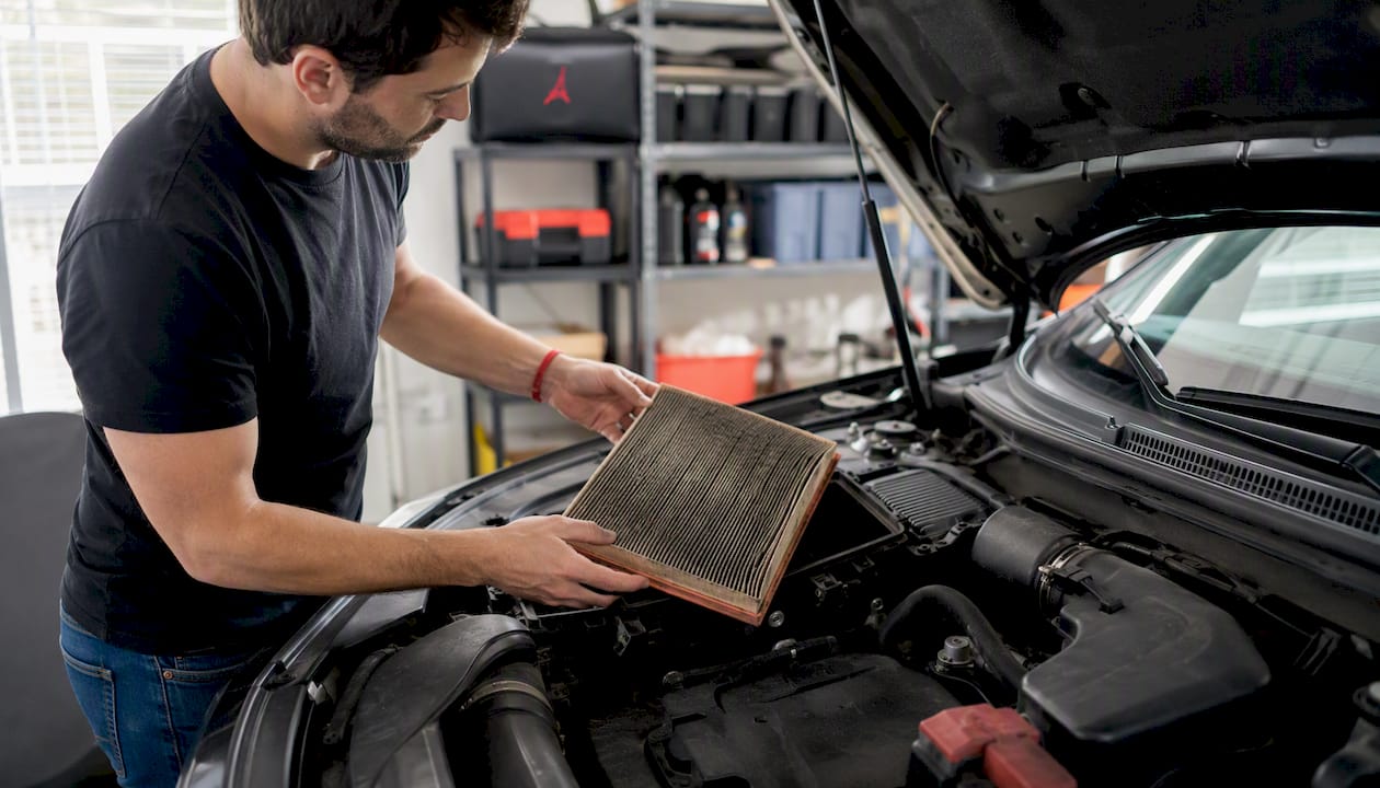 Un automobiliste examine son filtre à air encrassé à l'extérieur de sa voiture.