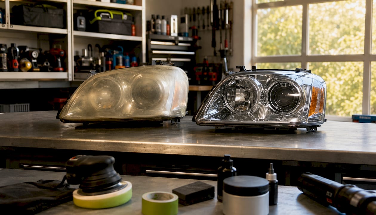 Comparatif d’un phare avant et après une restauration professionnelle réalisée sur établi