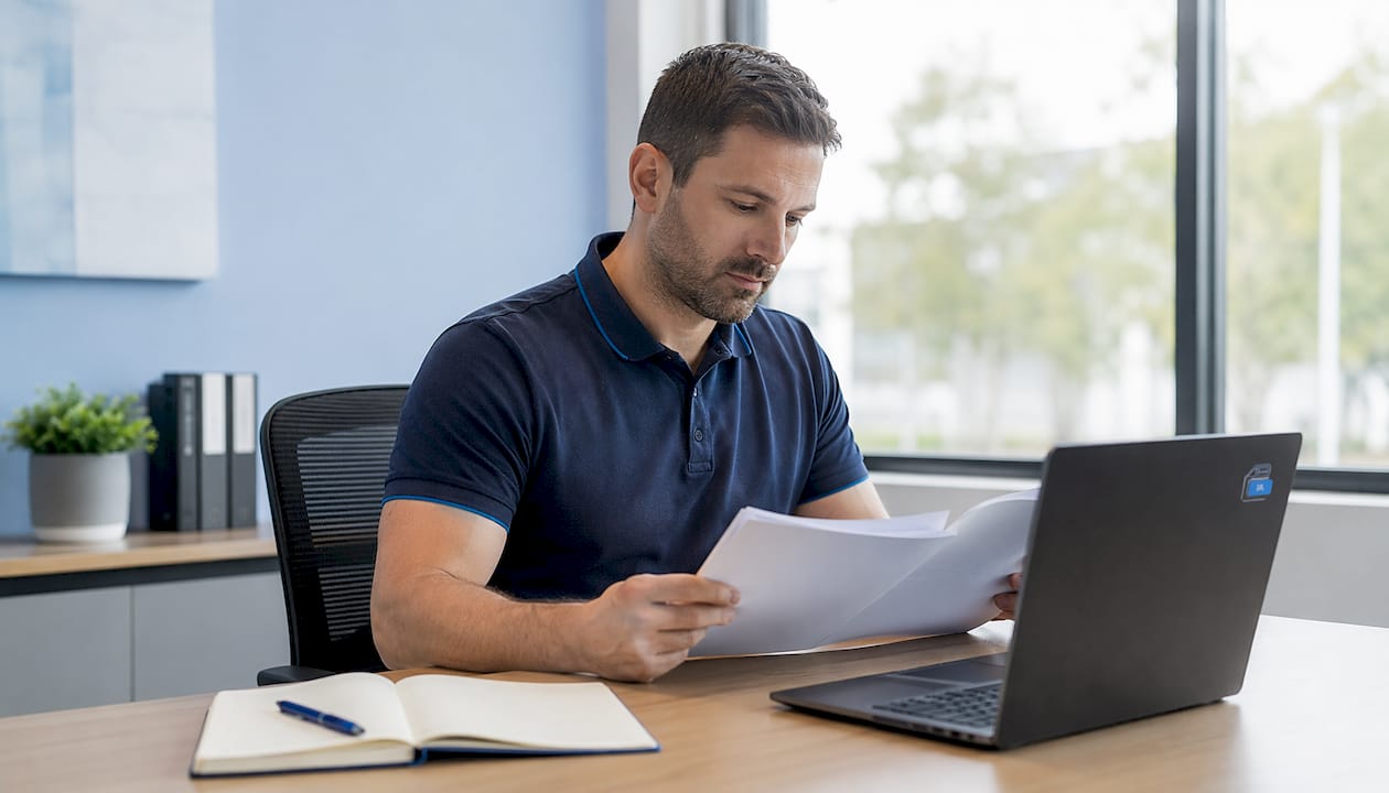 Un technicien passe en revue un dossier de sinistre à son bureau.