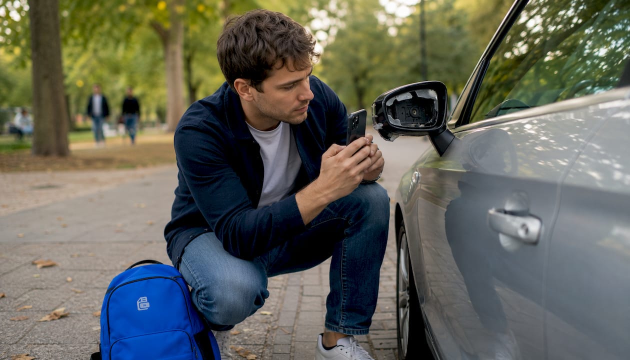 Un homme prend en photo le rétroviseur cassé de sa voiture après un accrochage.